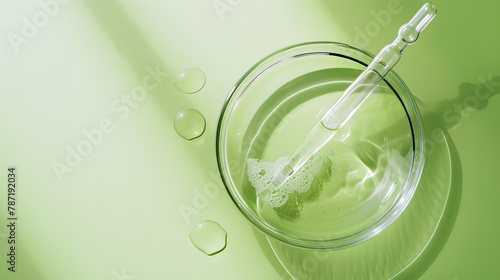 Pipette with transparent cosmetic liquid at glass petri dish over green background with copy space Texture of face serum or cosmetic oil aloe vera essence Selective focus : Generative AI photo