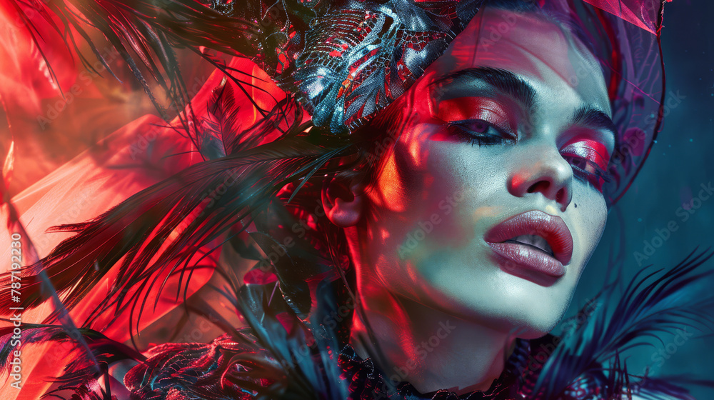 Woman model in a high-fashion editorial spread, with dramatic lighting, avant-garde styling, and artistic compositions that push the boundaries of creativity and imagination, creating a visually stunn