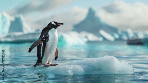 Climate change concept. close up penguin on a melting ice floe. cute penguin on winter landscape  snowy winter 