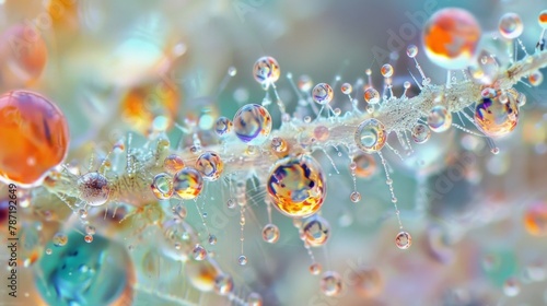 A mesmerizing image of colorful droplets forming on fungal hyphae giving the appearance of sparkling jewels adorning a delicate artwork.