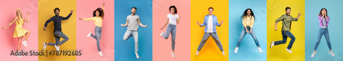 Vibrant Collage of Diverse People Jumping Against Colorful Backdrops