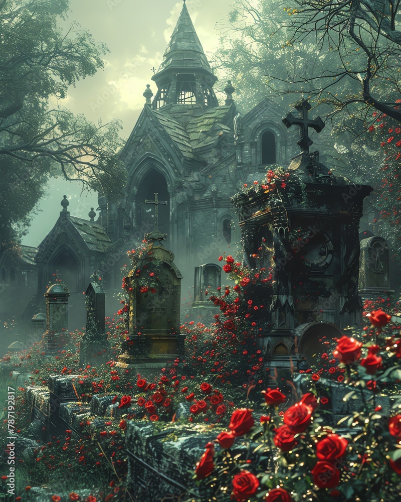 A gothic vampirethemed graveyard with red roses growing around the tombs - obrazy, fototapety, plakaty 