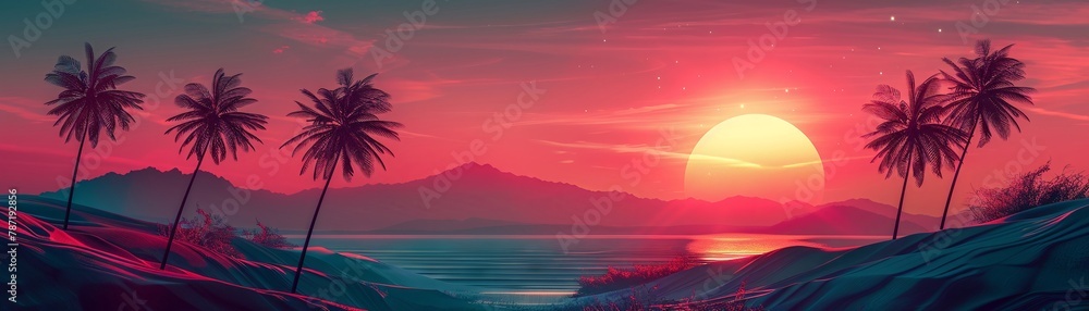 sunset and palm trees with sun silhouette in the background, in the style of graphic designinspired illustrations, panoramic scale