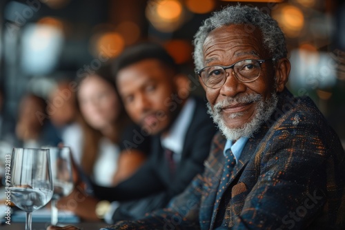An elderly man with glasses and a tweed jacket is smiling at a restaurant, with a group of younger individuals blurred in the background