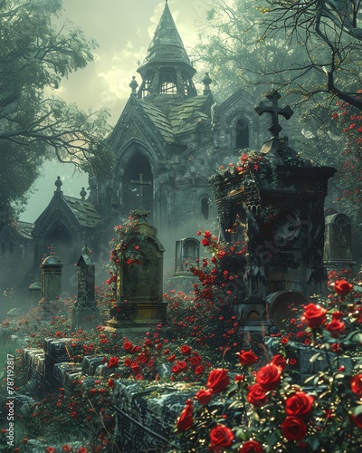 A gothic vampirethemed graveyard with red roses growing around the tombs