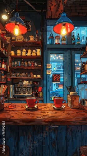 The bar of the cafe has some good coffee, Industrial style cafe,all kinds of cups 1 , hot and cold coffee, classic American illustration, 60s style, pop art
