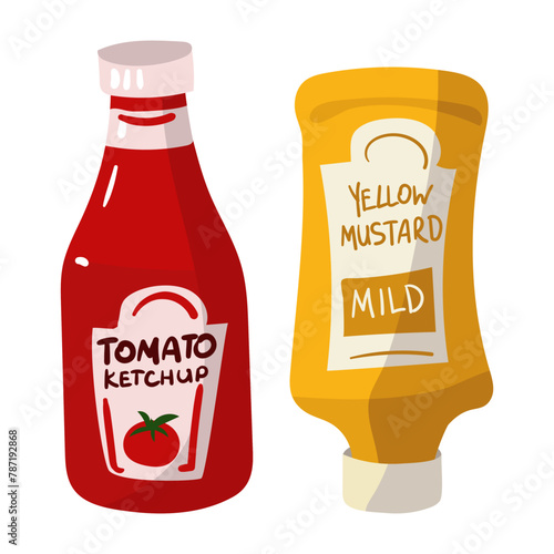 Set of mustard and ketchup sauces. Yellow and red bottle with inscriptions. Isolated sauces. Suitable for branding condiments, advertising picnics, delicatessen menus and cooking blogs. Vector