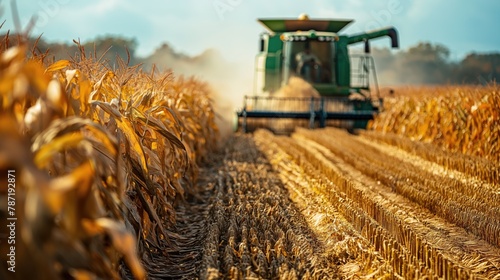 Harvester combine gathering ripe corn in the field agricultural farm concept with big modern industrial combine harvester reaping  corn
