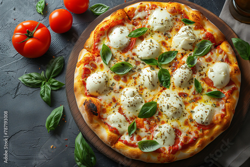 Overhead view of a golden-brown pizza on a wooden board, featuring mozzarella, basil, and herbs. Background of whole tomatoes and basil adds to the rustic, appetizing presentation.