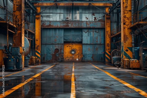 Rusty warehouse door in an industrial setting