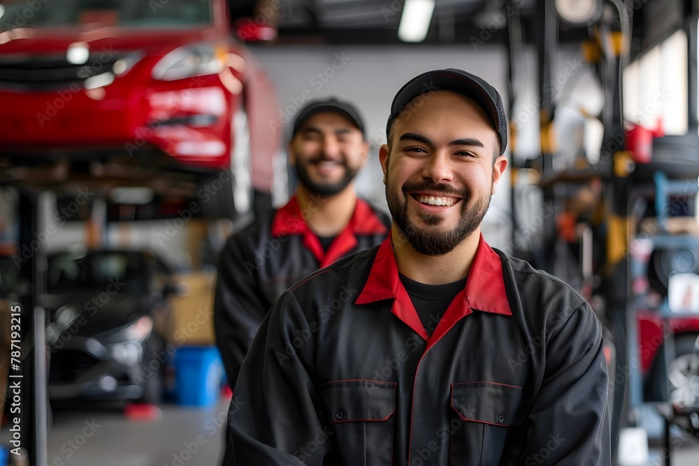 Two happy mechanics in uniform standing in a car repair shop smiling and posing for the camera. Two happy mechanics in uniform standing in a car repair shop smiling and posing for the camera.