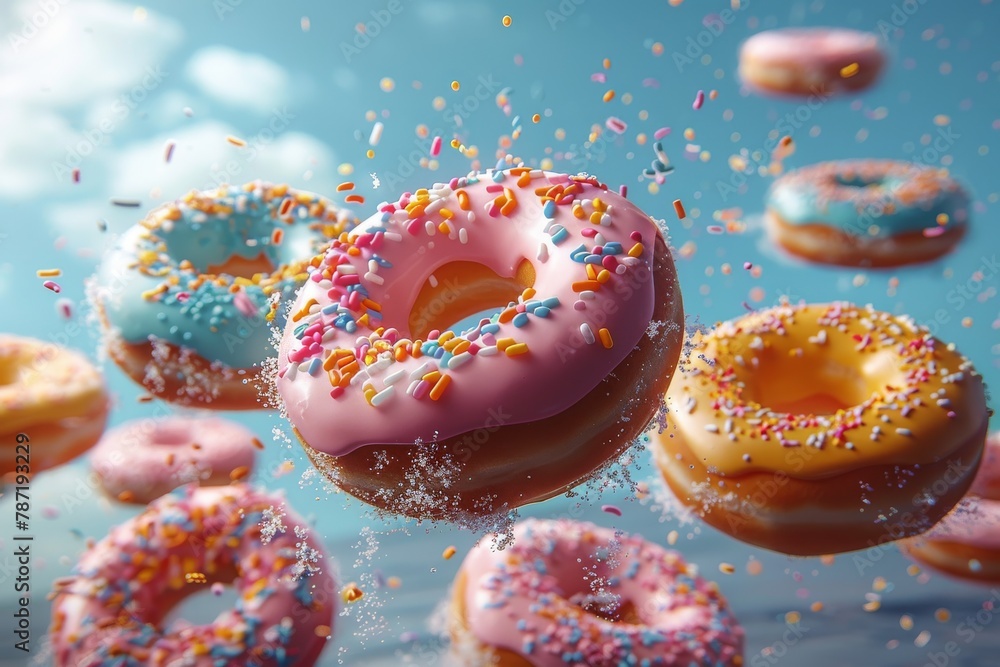 Delicious looking donuts adorned with vibrant sprinkles floating in the air with a clear blue background Delicious looking donuts adorned with vibrant sprinkles floating in the air with a clear blue background