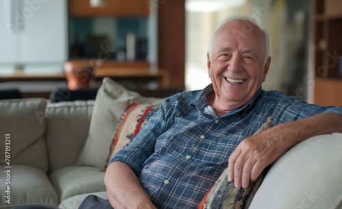 Old senior man or grandpa sits on the couch in the living room and smiles sympathetically into the camera - topic health or old-age provision photo