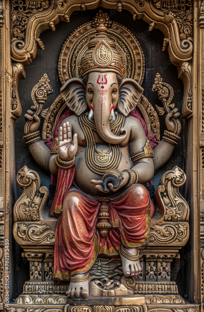 Hindu God Ganesha with head of an Elephant sitting on a gold throne in a hindu palace
