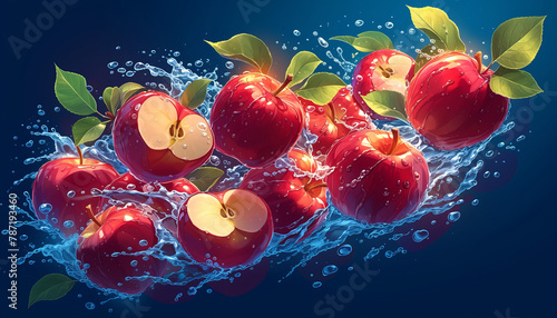 A painting of apples in water with a splash of color