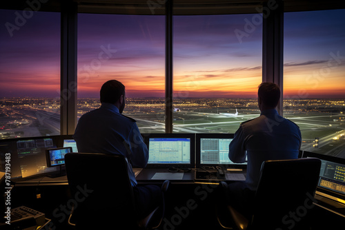 At work on an international airport tower, an air traffic controller takes control of a passenger jet aircraft AI GENERATIVE