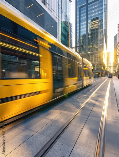 Blurred tram movement on city tracks at dusk