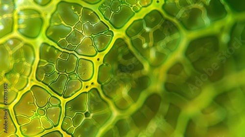 The intricate network of chloroplasts within a single leaf cell responsible for photosynthesis. photo