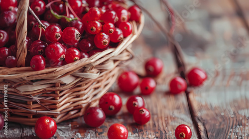  Cranberry berries close-up. Lingonberries in a basket on a wooden background
