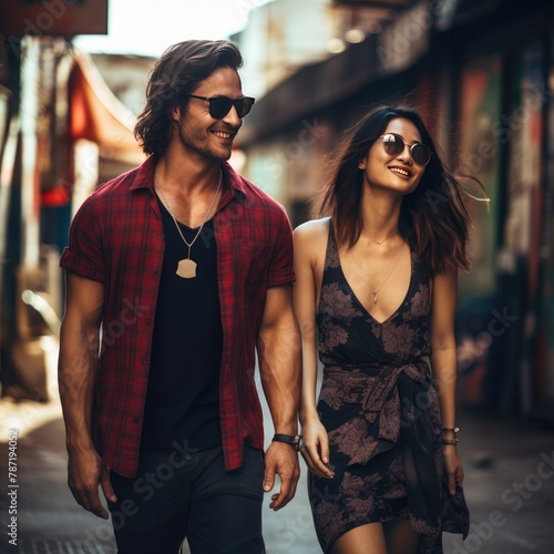A couple strolling down the street hand in hand, the man with glasses and a neat hairstyle, the woman with long hair resting on his shoulder, both wearing trendy eyewear.