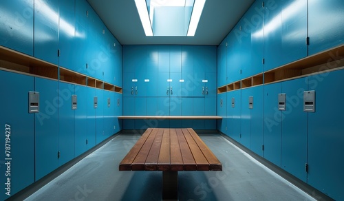 Modern blue locker room with wooden bench and bright lighting