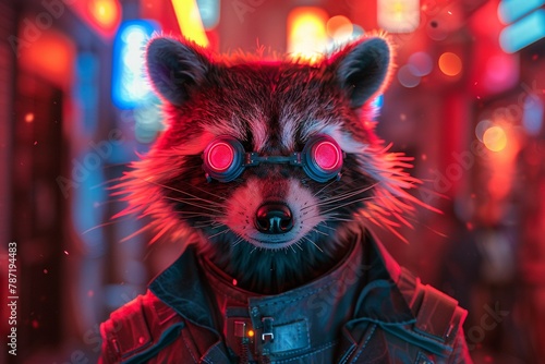 Fashion raccoon character in cyberpunk attire, glowing accessories, neondrenched alley  ,close-up,ultra HD,digital photography photo