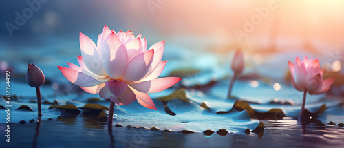 Serene lotus flowers emerging above the water's surface at dusk, with soft mountains silhouetted in the background.