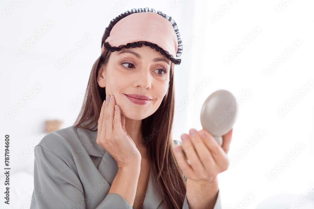 Photo of cheerful cute lady wear grey pajama looking face mirror enjoy weekend indoors house bedroom Photo of cheerful cute lady wear grey pajama looking face mirror enjoy weekend indoors house bedroom