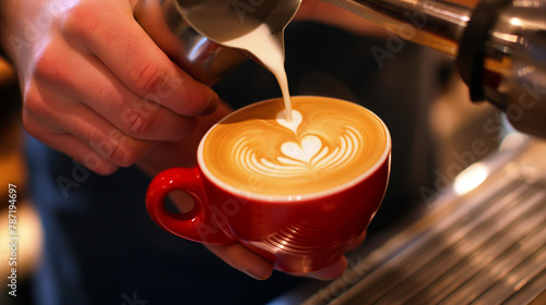 Barista holds a cup of coffee in his hand, and with the other hand pours milk, which leaves a heart-shaped pattern on the foam.