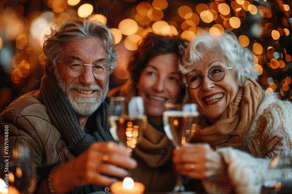 An older man and women cheerfully toast with champagne glasses amidst a warm, bokeh light backdrop