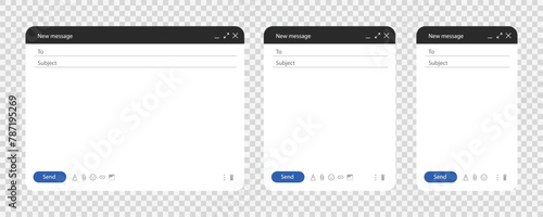 Mail window template set for laptop, tablet and phone. Internet mail frame. Vector EPS 10