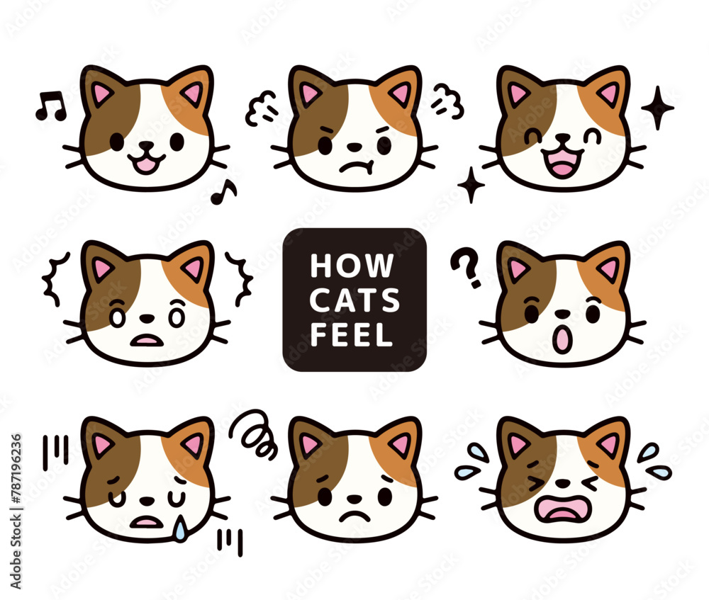 set of illustrations of various faces of cute cat characters
