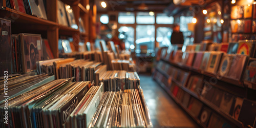 Surrounded by shelves lined with vinyl records a music aficionado flips through a collection of vintage albums with blur background