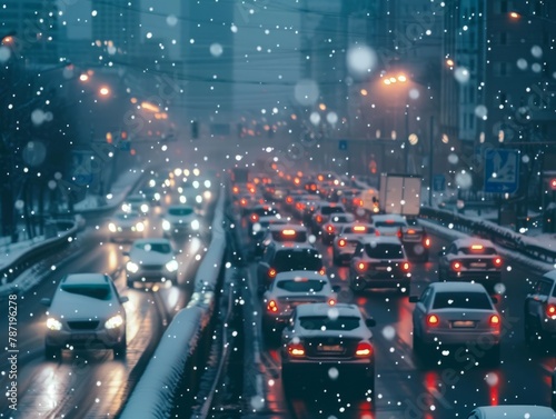 snowfall in city traffic jam in winter, background seasonal snow highway road  photo