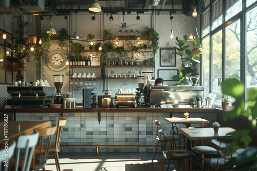 Modern cafe with natural sunlight. Coffee shop interior design decoration concept