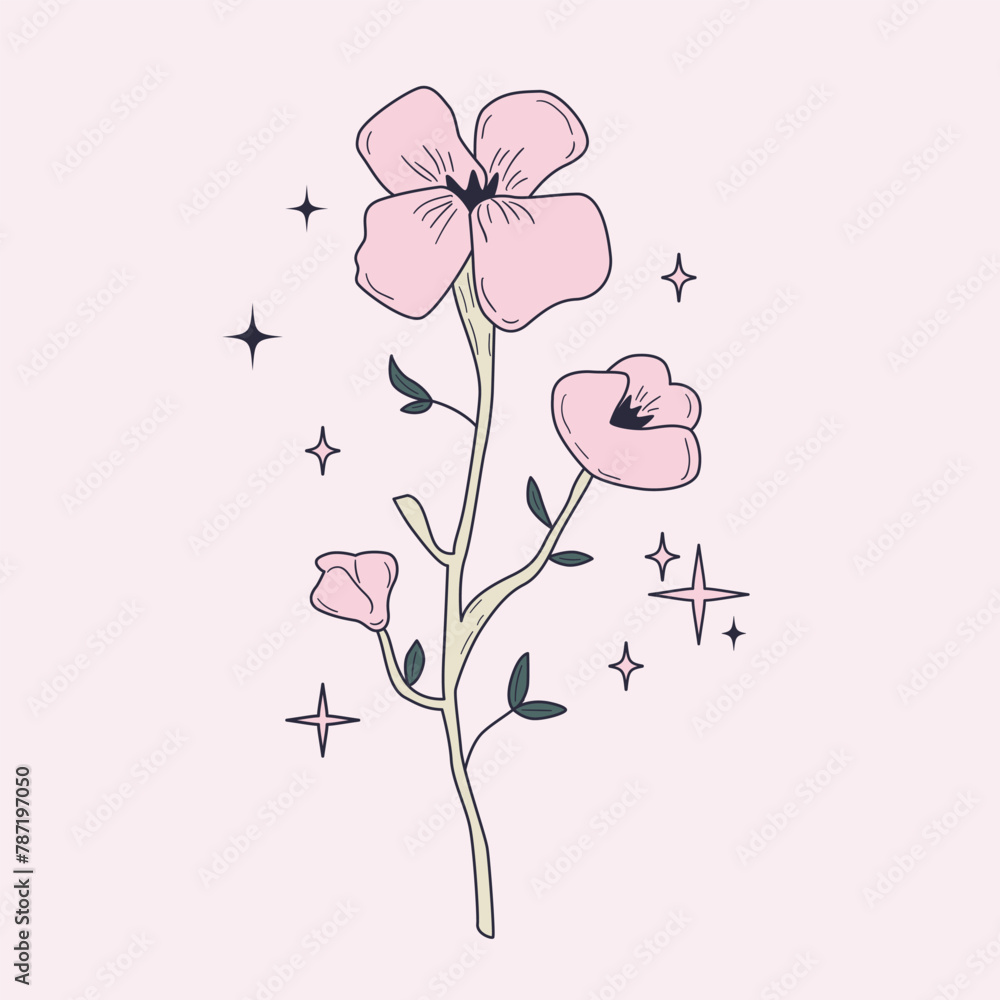 Hand drawn pastel pink flower and stars decorations. Line art botanical drawing for tattoo, card design. Coquette style floral illustration. Vector graphic