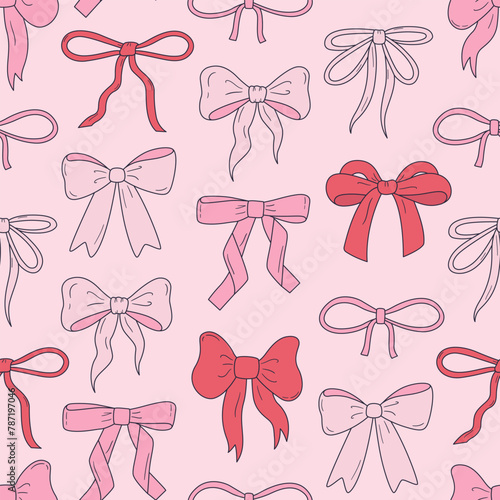Seamless vector pattern with cute coquette bows. Balletcore background with pink and red ribbons. Hand drawn silk tape accessory. Girly texture for wallpaper, wrapping paper, textile design