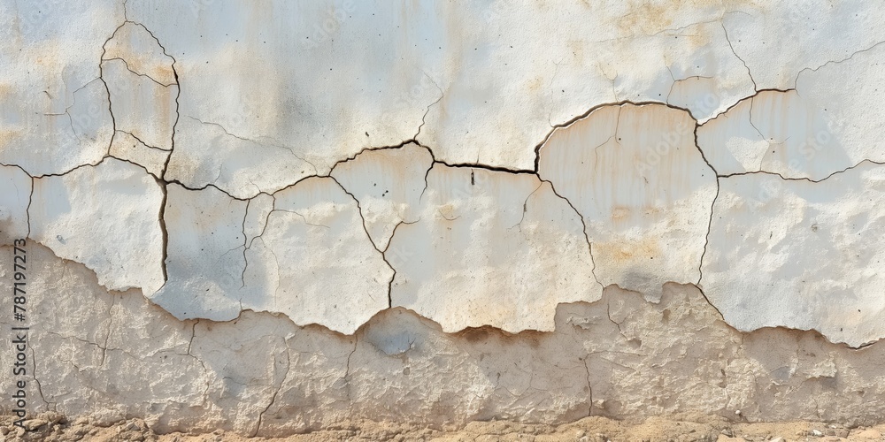 Wide shot of a cracked and peeling white drywall, showing signs of decay and neglect Wide shot of a cracked and peeling white drywall, showing signs of decay and neglect