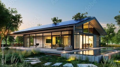 Terrace solar panels for self sufficient eco friendly homes using renewable energy with no waste With copyspace for text hyper realistic  © Johannes