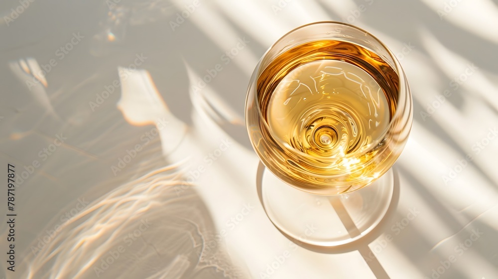 glass of white wine of golden color seen from above is on a white surface glass of white wine of golden color seen from above is on a white surface