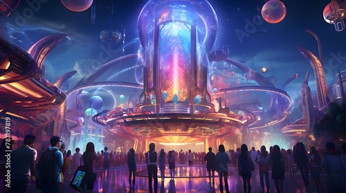 Attend a futuristic amusement park tugether party with AI-generated rides, holographic attractions, and high-tech entertainment in a celebration of futuristic fun photo
