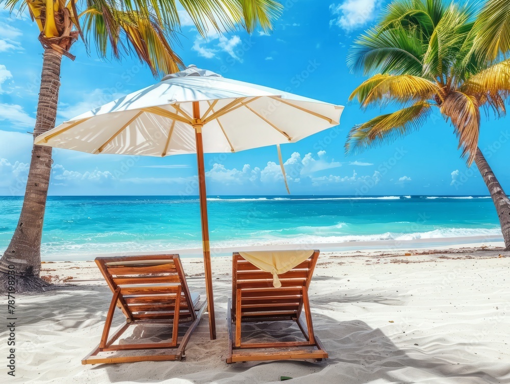 Two beach chairs under an umbrella on a sandy beach, with a turquoise ocean and palm trees in the background. Perfect for summer vacation and relaxation 