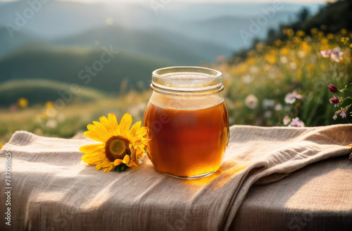 Honey in a glass jar with wildflowers on a wooden surface on the background of a mountain landscape. Beekeeping products. Fresh honey from honeycomb, flower honey, variegated herbs