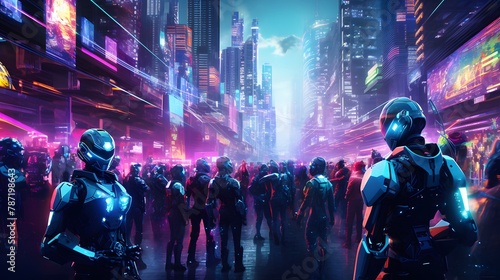 Attend a futuristic cyber tugether party where AI-generated robots and cyborgs dance to electronic music in a neon-lit cityscape photo