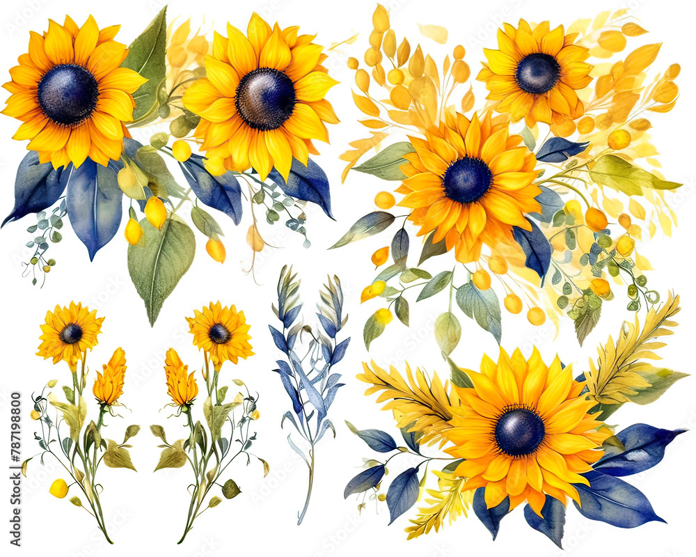 A set of watercolor flowers with yellow and blue accents