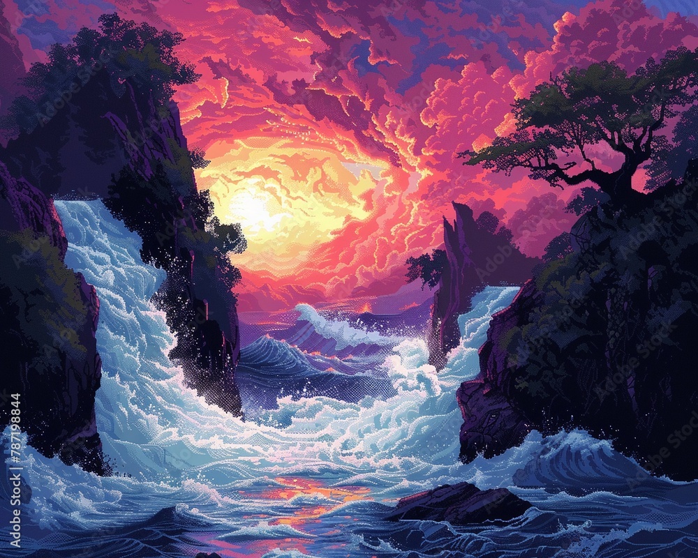 Capture the fluidity and energy of a rushing river with abstract shapes and vibrant colors , 2d pixel art