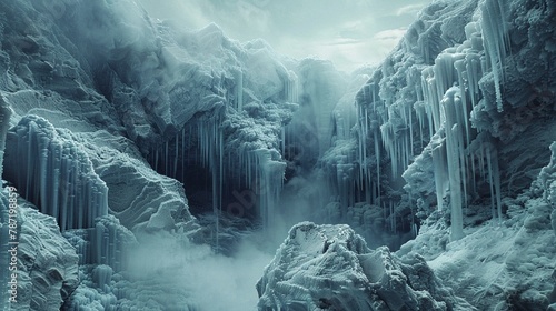 Imagine a surreal landscape made entirely of brittle ice structures ,close-up,ultra HD,digital photography #787198859
