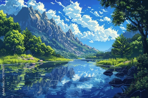 Reflect on the everchanging movement of water in a serene river setting , 2d pixel art