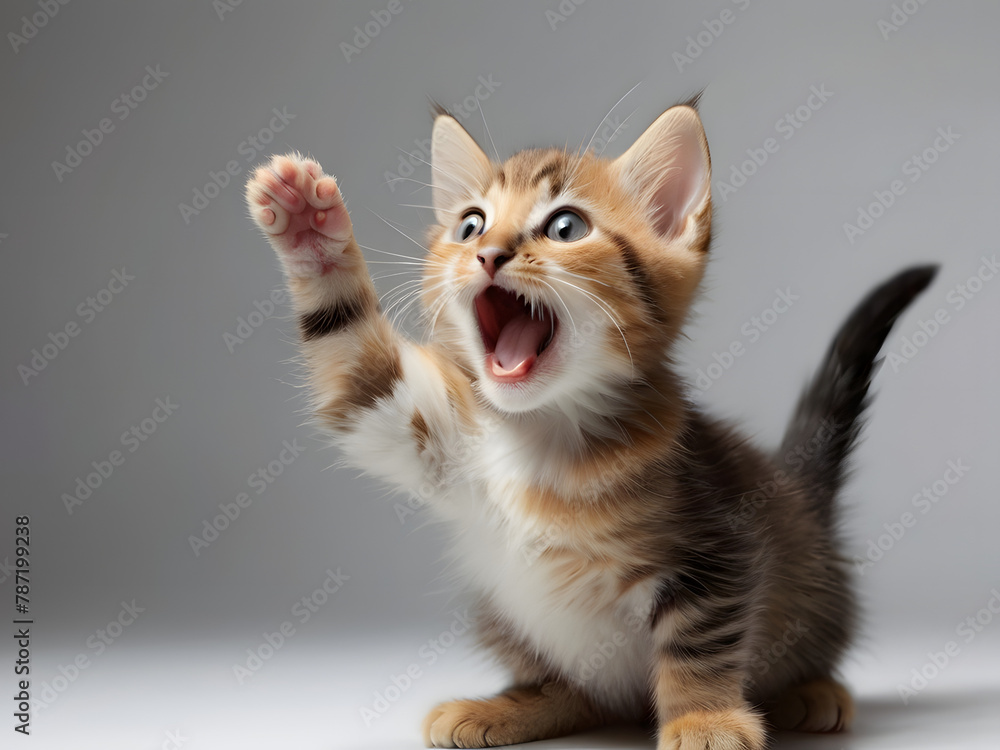 Amazing Illustration of playful funny kitten looking up. and dancing in happy moodisolated on white background