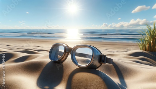 3D Image of Goggles Upright in the Sand on a Sunny Beach